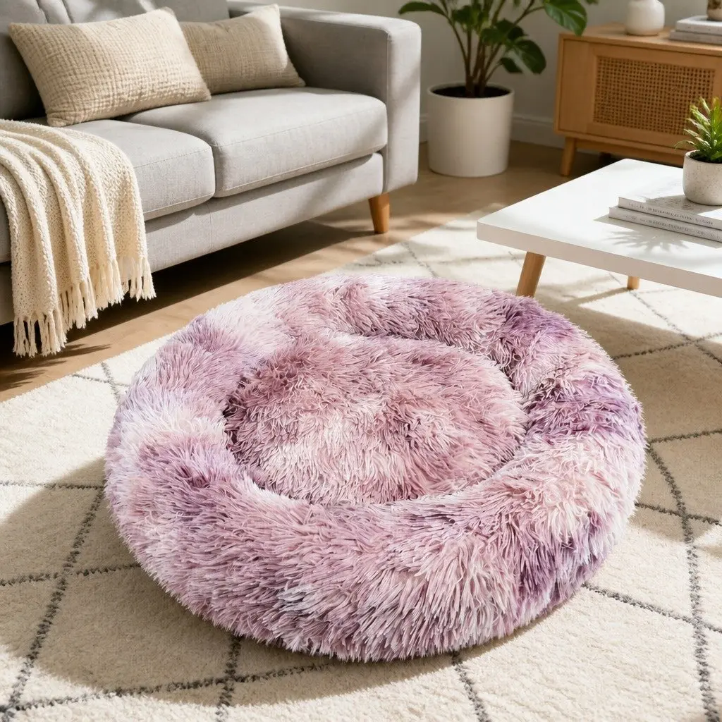 Dog Cat Pet Calming Bed Round Plush Comfy Sleeping Cave 120cm