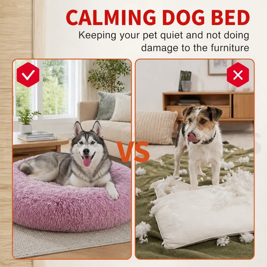 Dog Cat Pet Calming Bed Round Plush Comfy Sleeping Cave 120cm