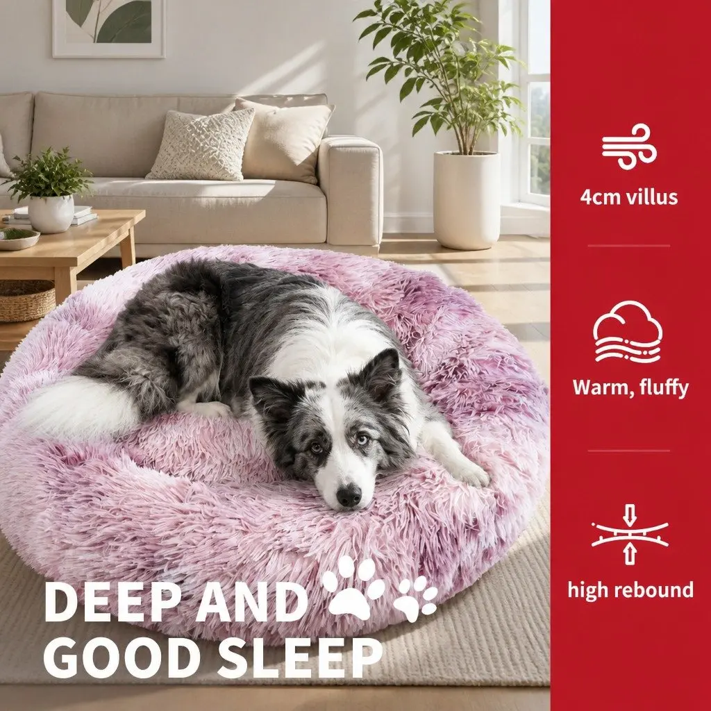 Dog Cat Pet Calming Bed Round Plush Comfy Sleeping Cave 120cm