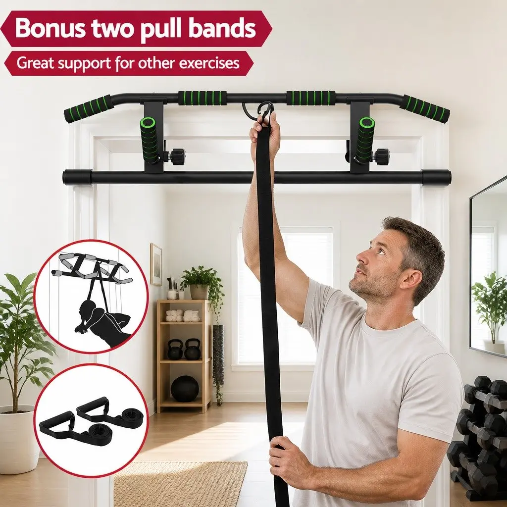 Multi-Grip Pull Up Bar 101cm Black for Home Gym Exercise with Anti-Slip Foam Handles