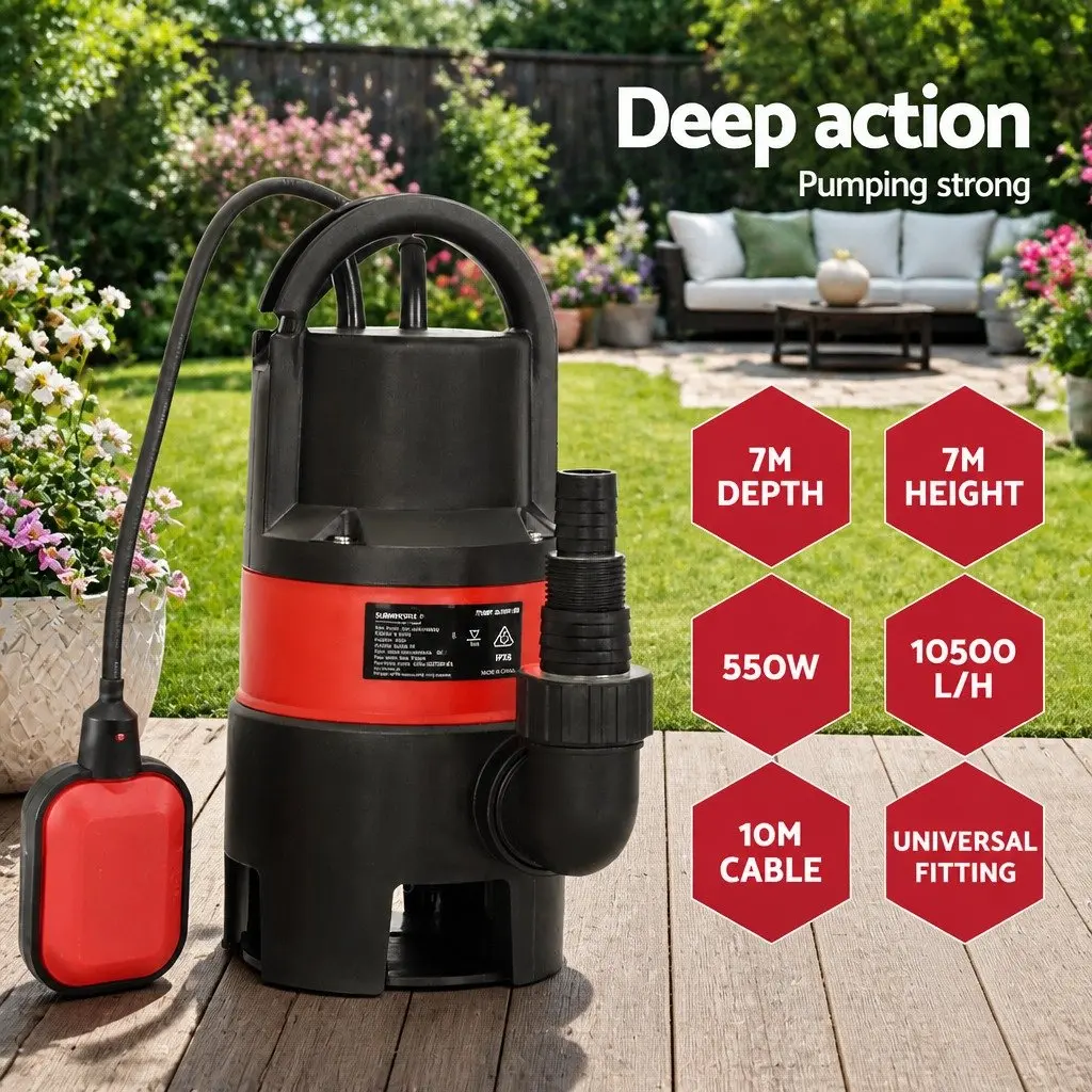 Submersible Pump 550W Heavy-Duty Portable Red for Dirty Water Drainage 10m Cable
