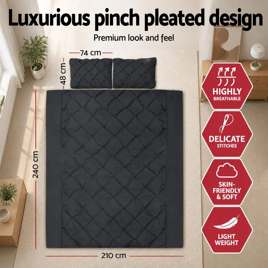 King Quilt Cover Set 3-Piece Diamond Pintuck Pinched Bedding Black Duvet