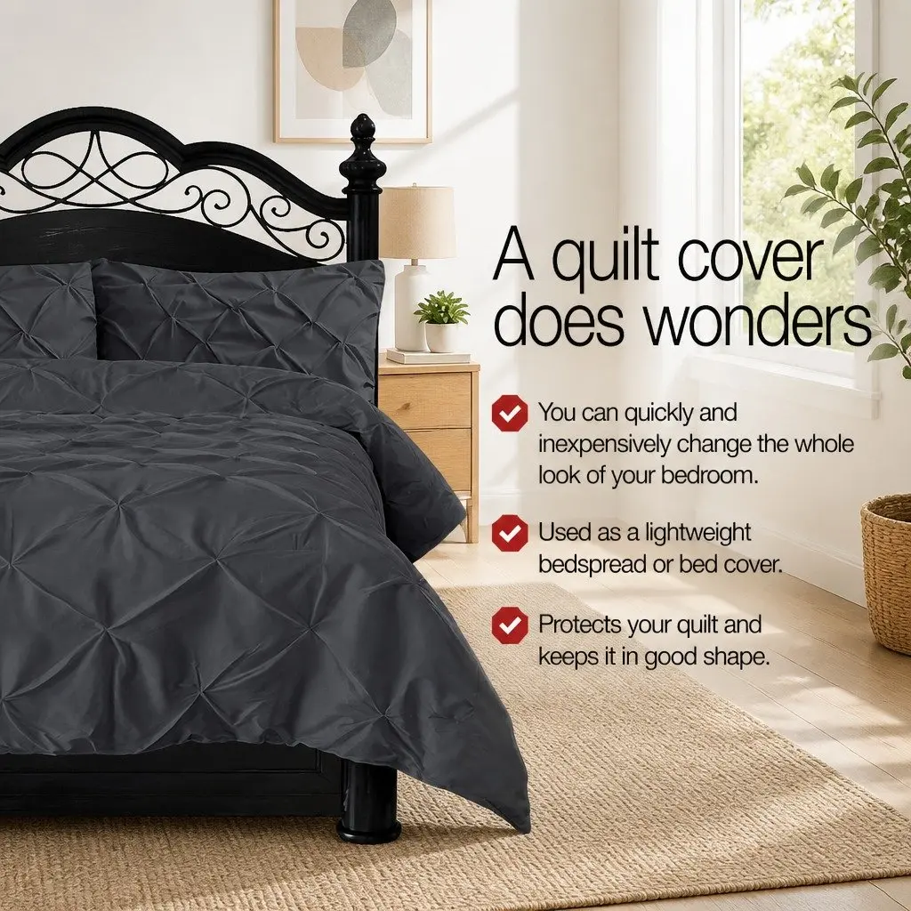 King Quilt Cover Set 3-Piece Diamond Pintuck Pinched Bedding Black Duvet