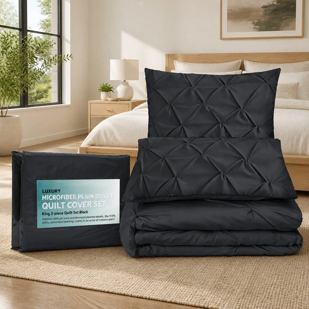 King Quilt Cover Set 3-Piece Diamond Pintuck Pinched Bedding Black Duvet