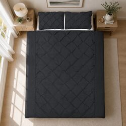 Queen Quilt Cover Set Pinch Pleat Diamond Design 3-Piece Bedding Black