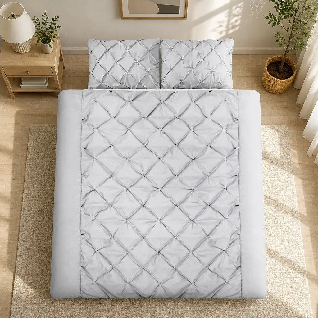 Quilt Cover Set Super King Grey Diamond Pintuck 3 Piece Bedding Duvet Pillows