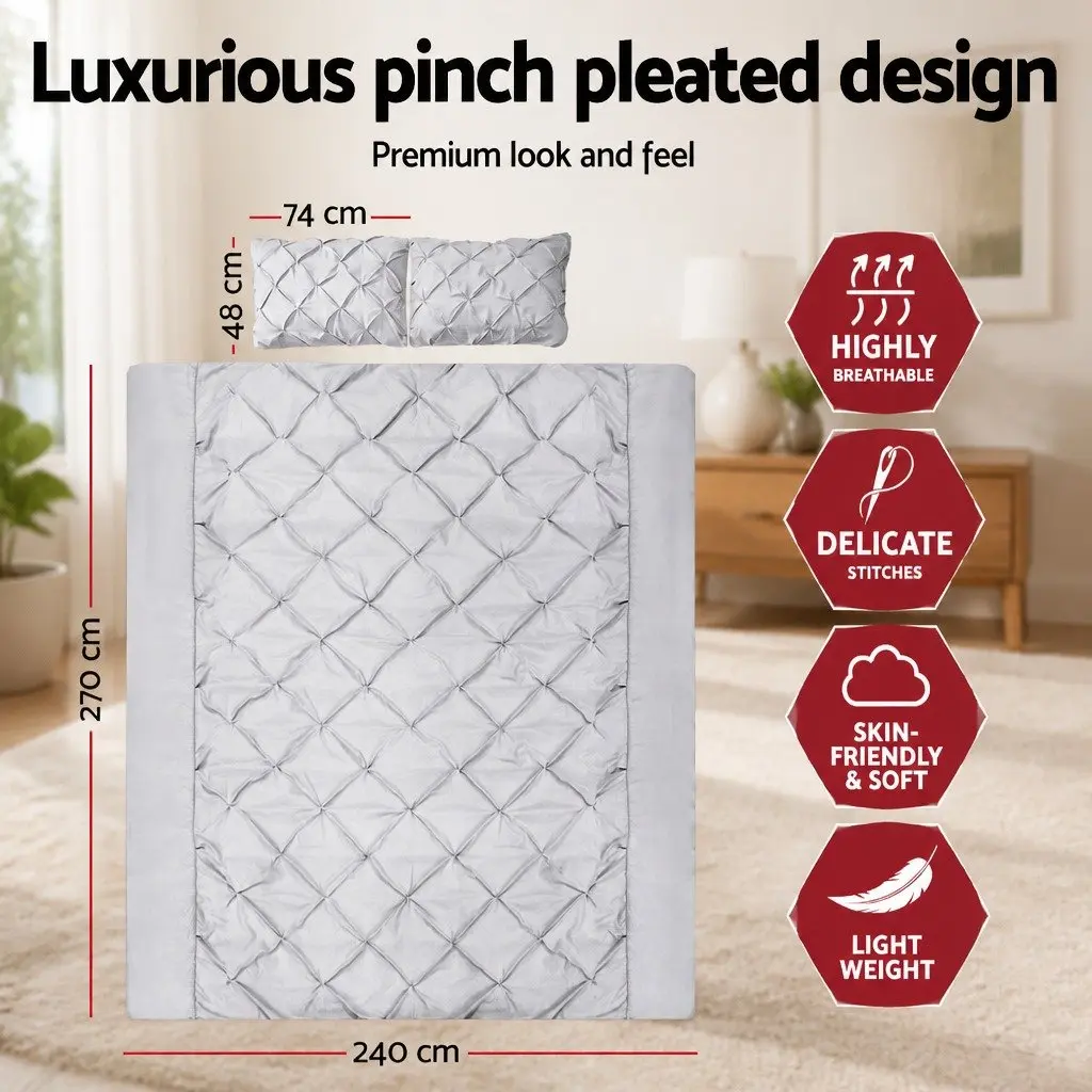 Quilt Cover Set Diamond Pintuck Super King Grey 3 Piece