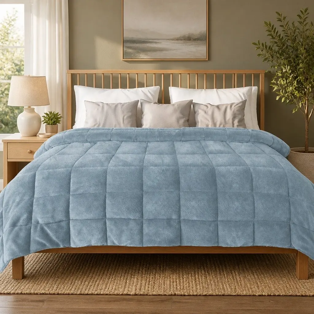 King Quilt Comforter Blanket Blue 240cm x 210cm Diamond Stitching Polyester