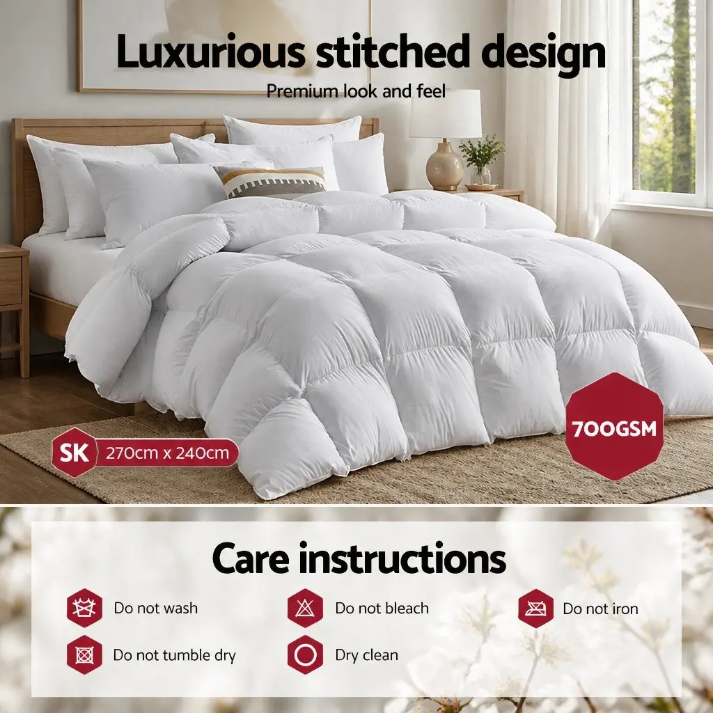 Duck Down Feather Quilt Super King 700GSM Baffle Construction Cotton Cover