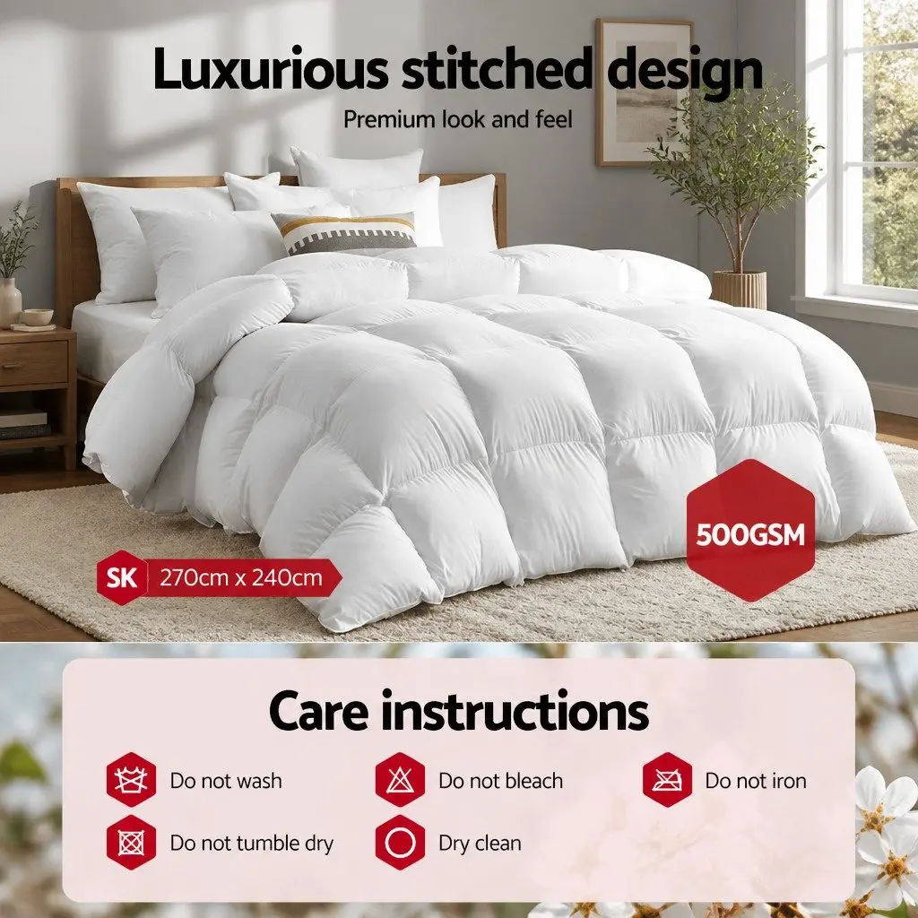 Duck Feather Down Quilt 500GSM Super King Winter Warmth White Bedding