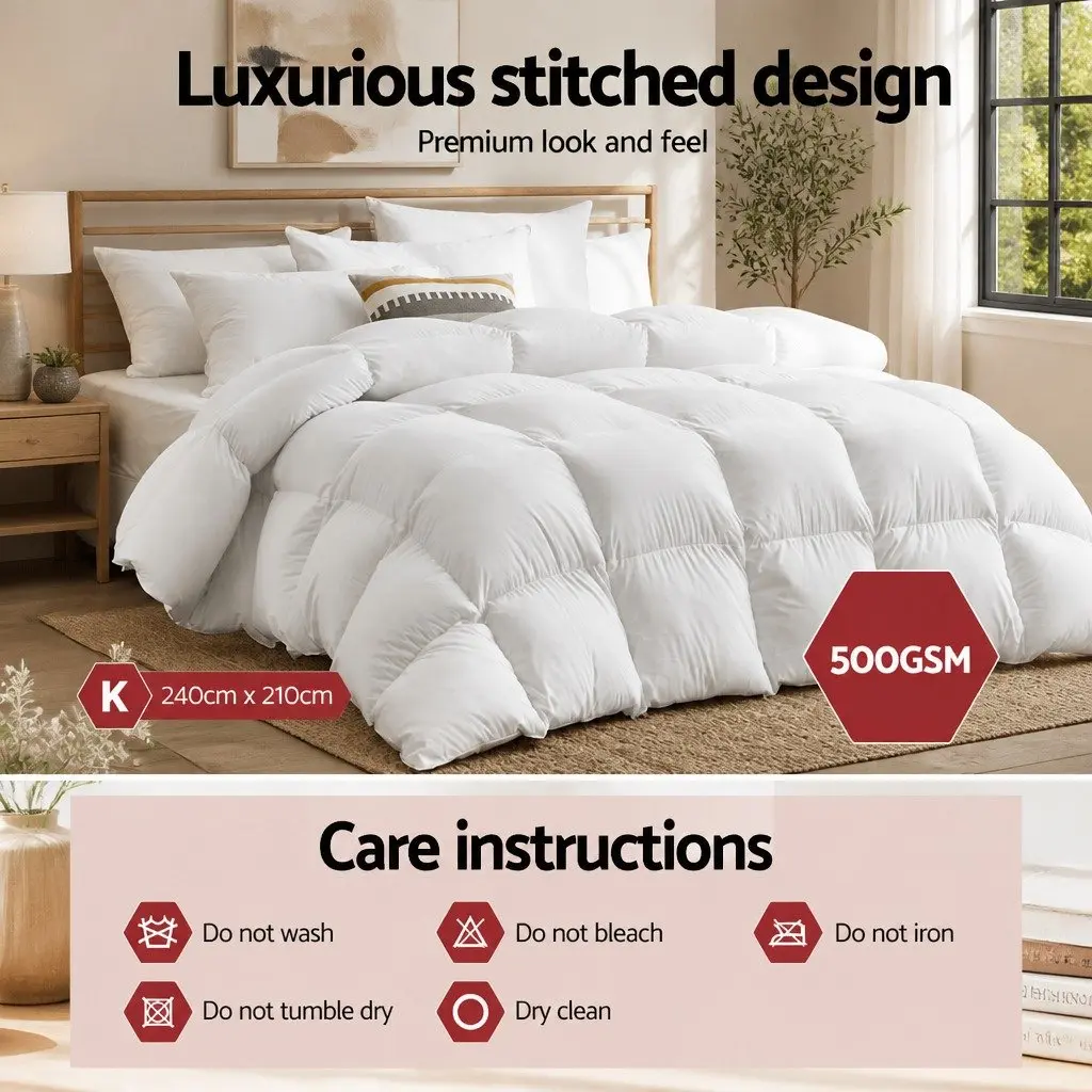 Duck Feather Down Quilt Baffle Construction King Size 500GSM Winter Bedding