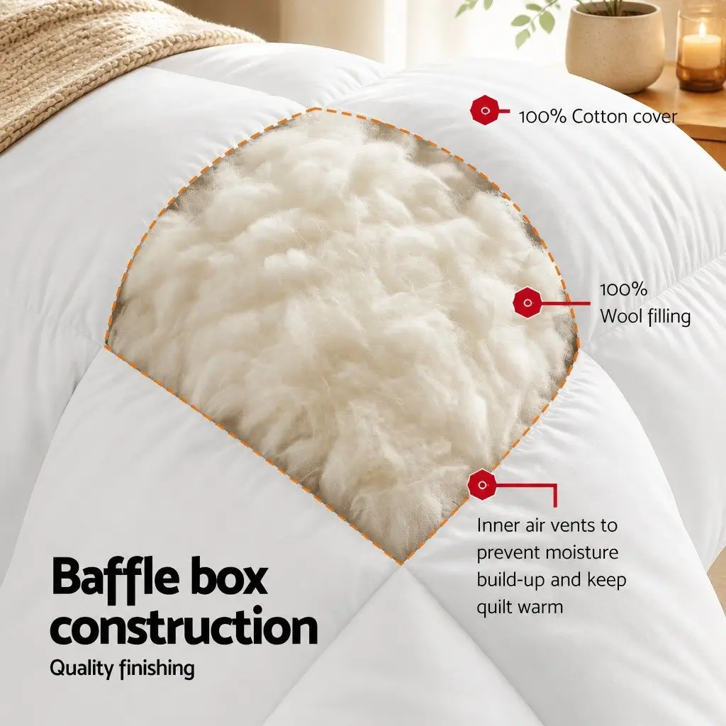Wool Quilt Baffle Box Construction 800GSM King Size Winter White