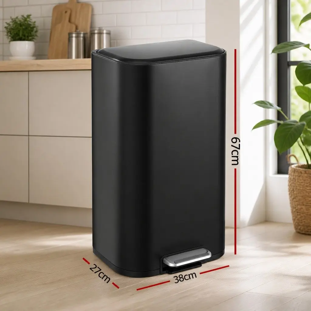 40L Pedal Kitchen Trash Can Rectangular Garbage Bin Steel Black Soft Close Lid