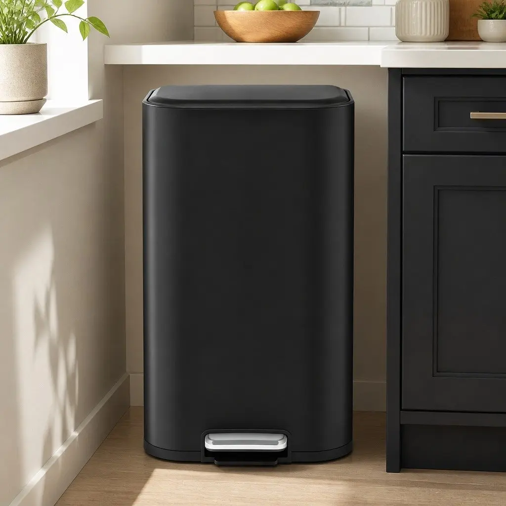40L Pedal Kitchen Trash Can Rectangular Garbage Bin Steel Black Soft Close Lid