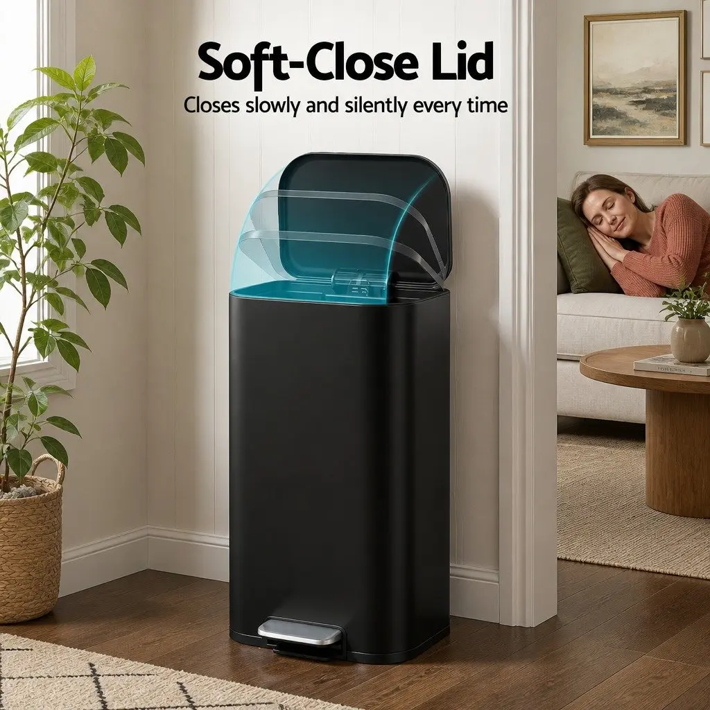 40L Pedal Kitchen Trash Can Rectangular Garbage Bin Steel Black Soft Close Lid