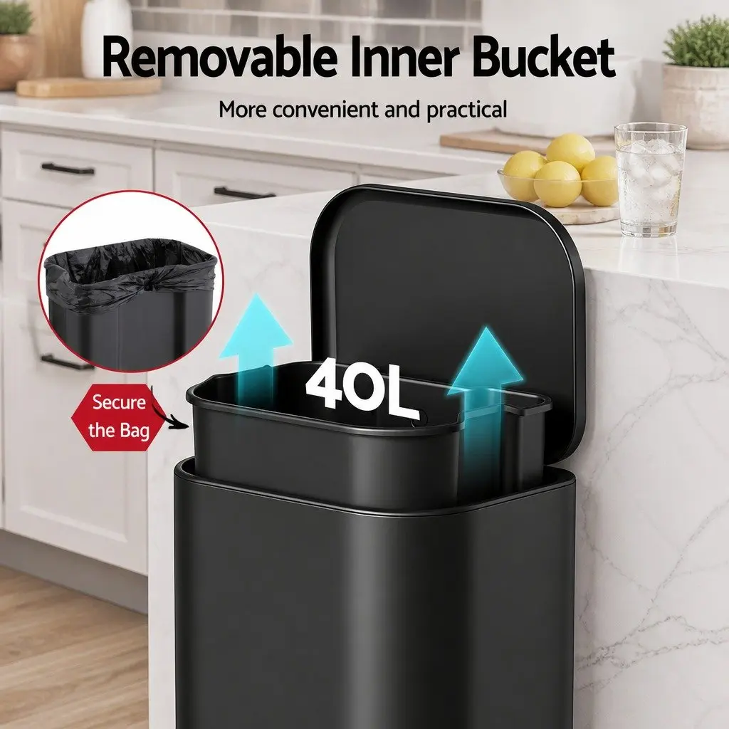 40L Pedal Kitchen Trash Can Rectangular Garbage Bin Steel Black Soft Close Lid
