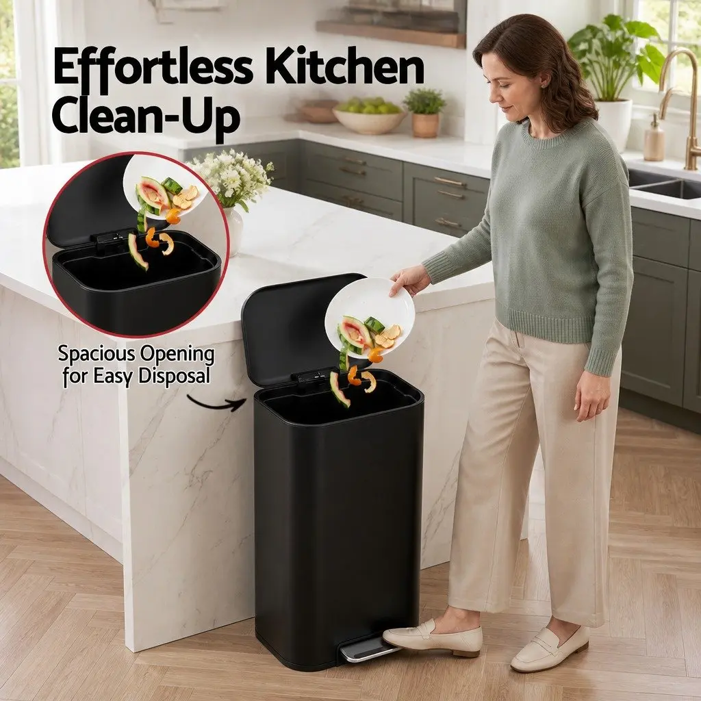40L Pedal Kitchen Trash Can Rectangular Garbage Bin Steel Black Soft Close Lid