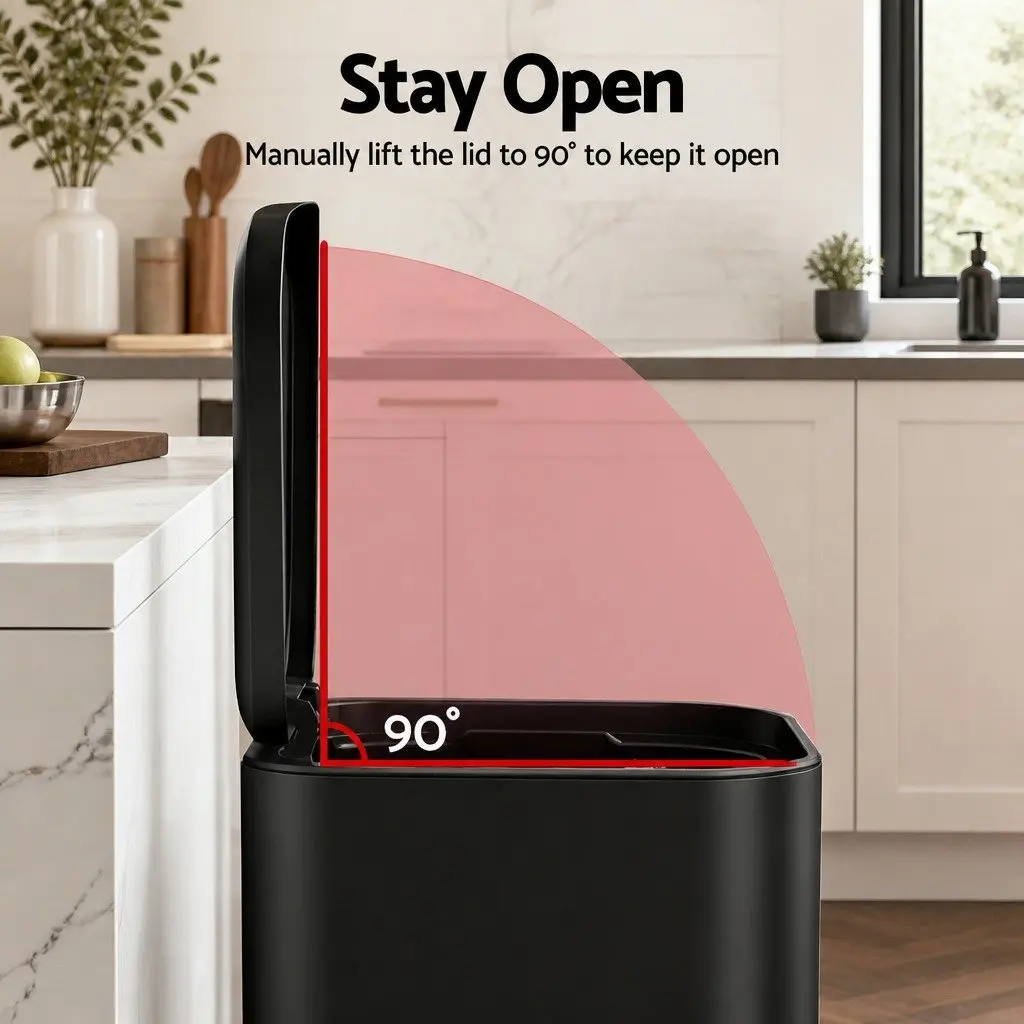 40L Pedal Kitchen Trash Can Rectangular Garbage Bin Steel Black Soft Close Lid