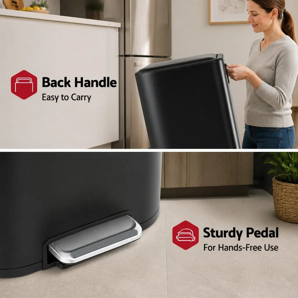 40L Pedal Kitchen Trash Can Rectangular Garbage Bin Steel Black Soft Close Lid
