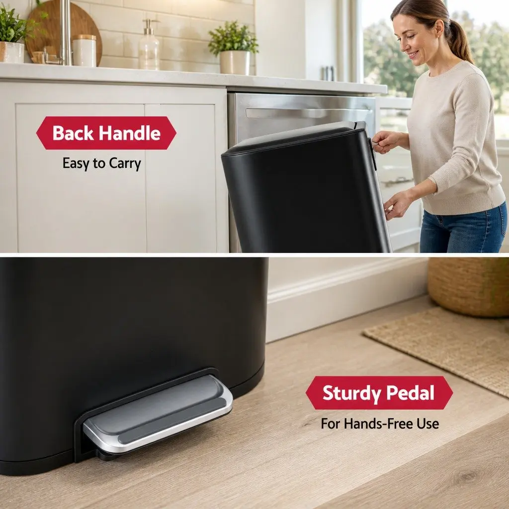 40L Pedal Kitchen Trash Can Rectangular Garbage Bin Steel Black Soft Close Lid