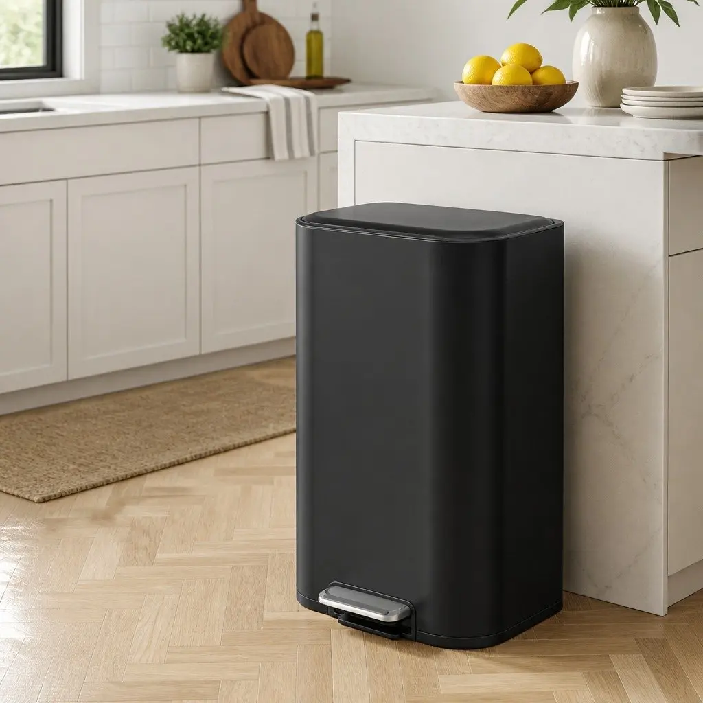 40L Pedal Kitchen Trash Can Rectangular Garbage Bin Steel Black Soft Close Lid