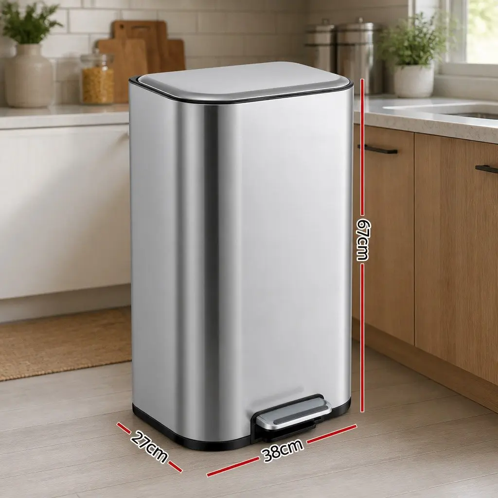 Pedal Bin Steel 40L Kitchen Trash Can Soft Close Lid Removable Bucket