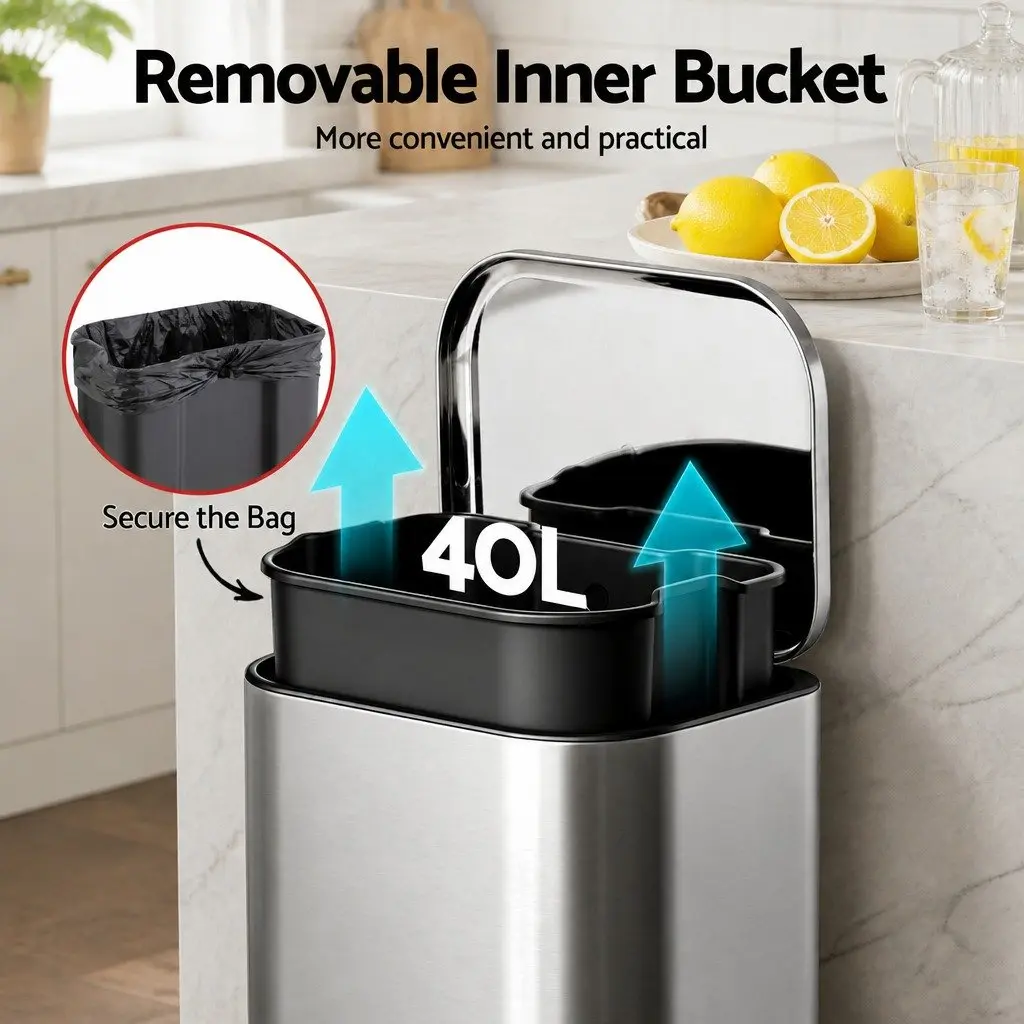 Pedal Bin Steel 40L Kitchen Trash Can Soft Close Lid Removable Bucket