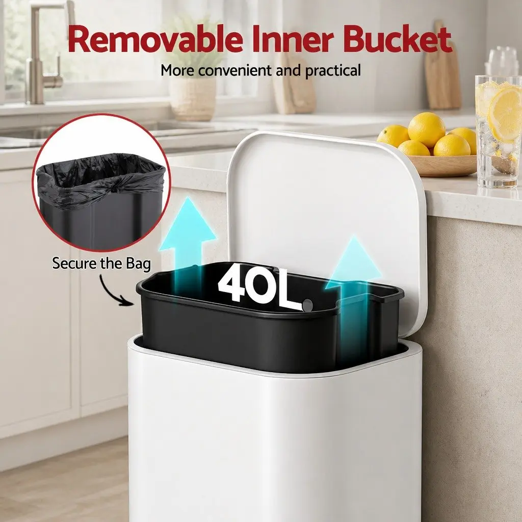 Pedal Bin 40L Steel Soft Close Lid Rectangular Kitchen Trash Can