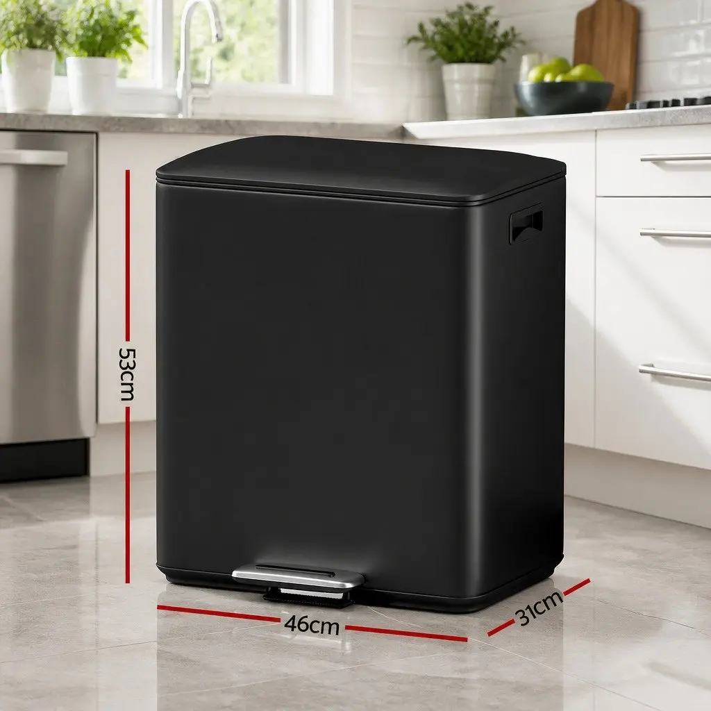 Pedal Bins Dual Compartment Waste Recycle Rubbish Bin 40L Black Kitchen Dustbin