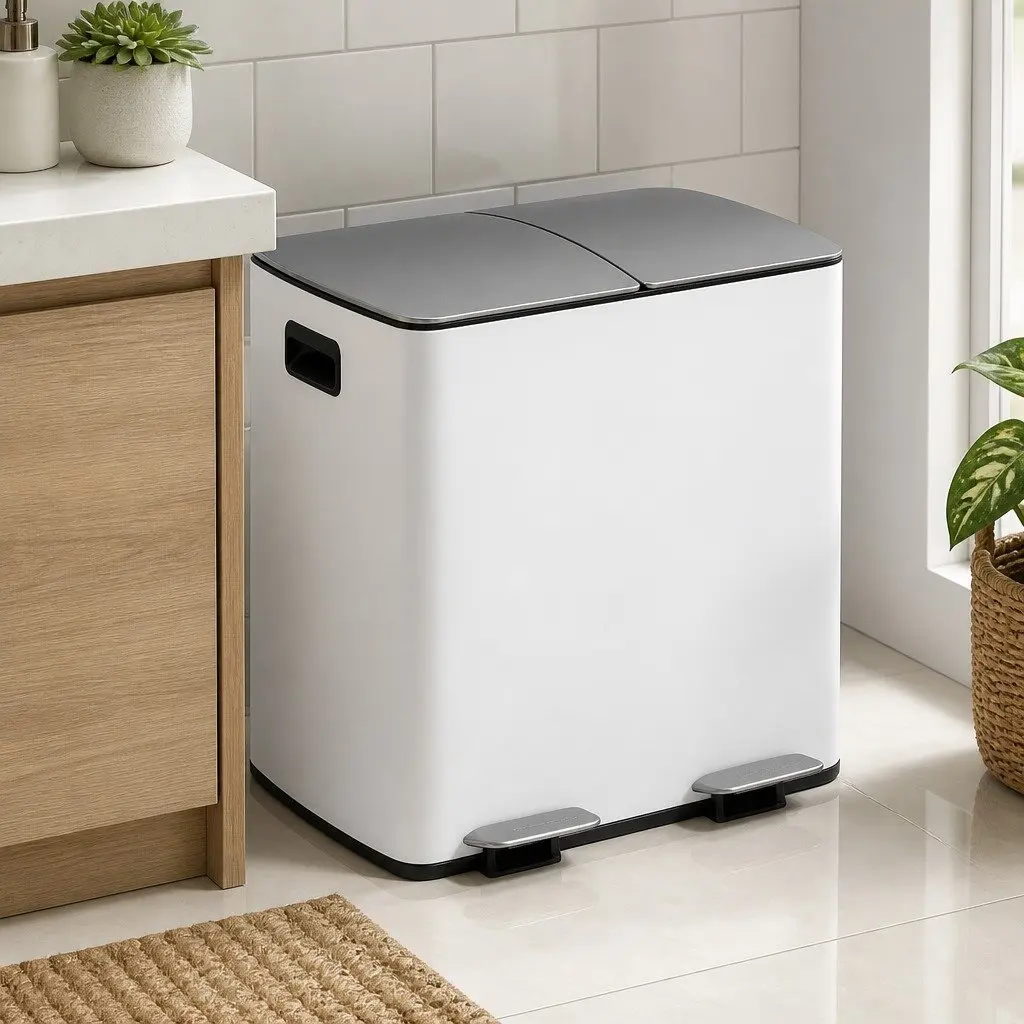 Pedal Bin Dual Compartment Waste Recycle Dustbin 40L White Kitchen Rubbish