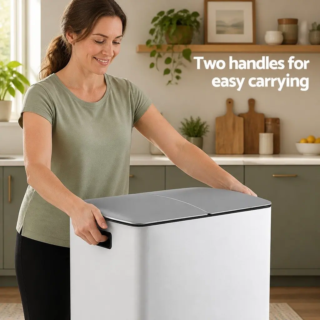 Pedal Bin Dual Compartment Waste Recycle Dustbin 40L White Kitchen Rubbish