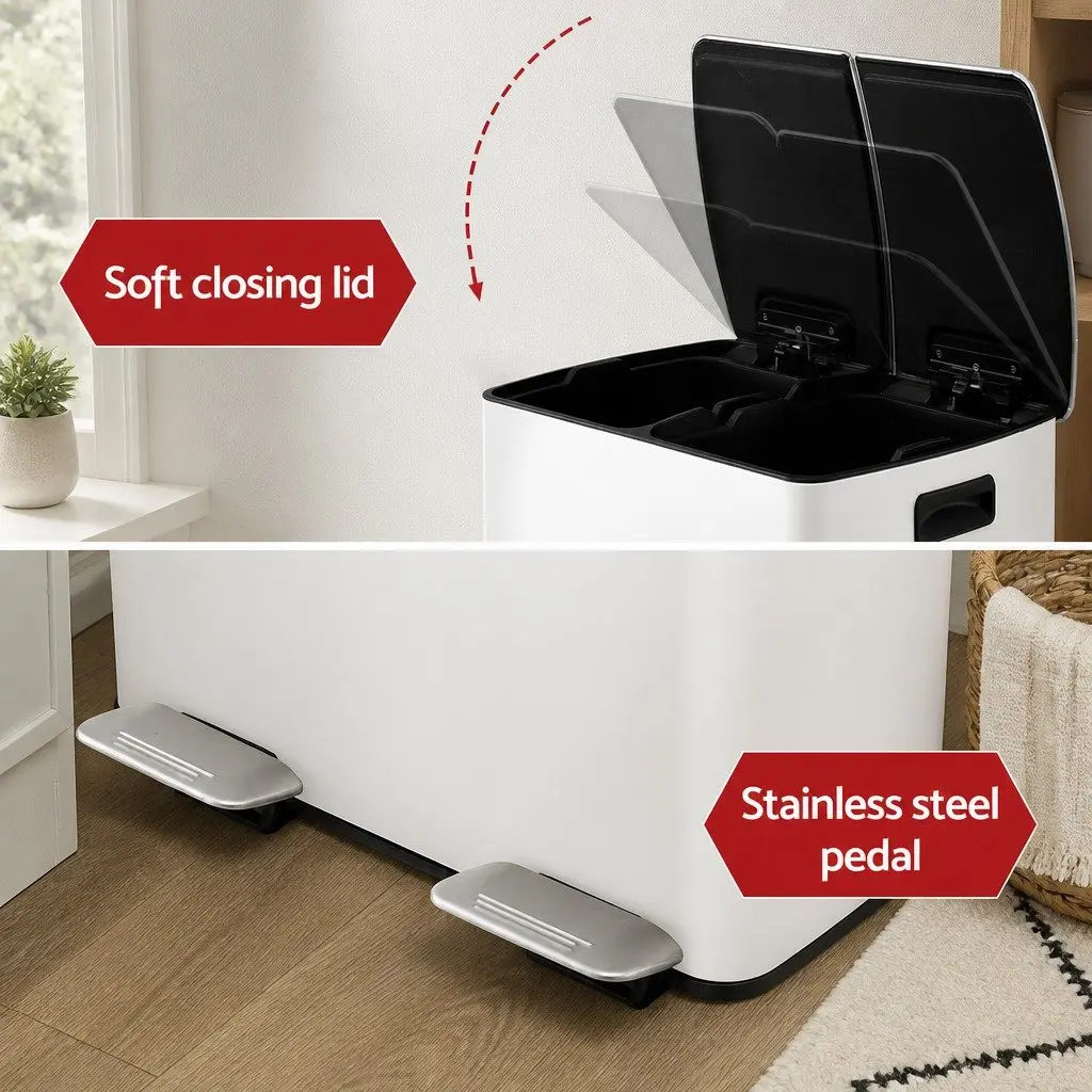 Pedal Bin Dual Compartment Waste Recycle Dustbin 40L White Kitchen Rubbish