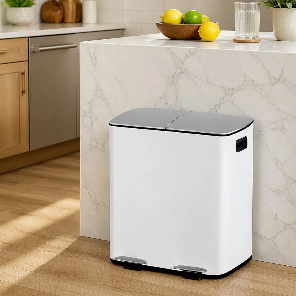 Pedal Bin Dual Compartment Waste Recycle Dustbin 40L White Kitchen Rubbish