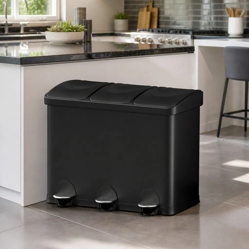 Pedal Bins Triple Compartments Waste Recycle Dustbins 45L Soft Close Black