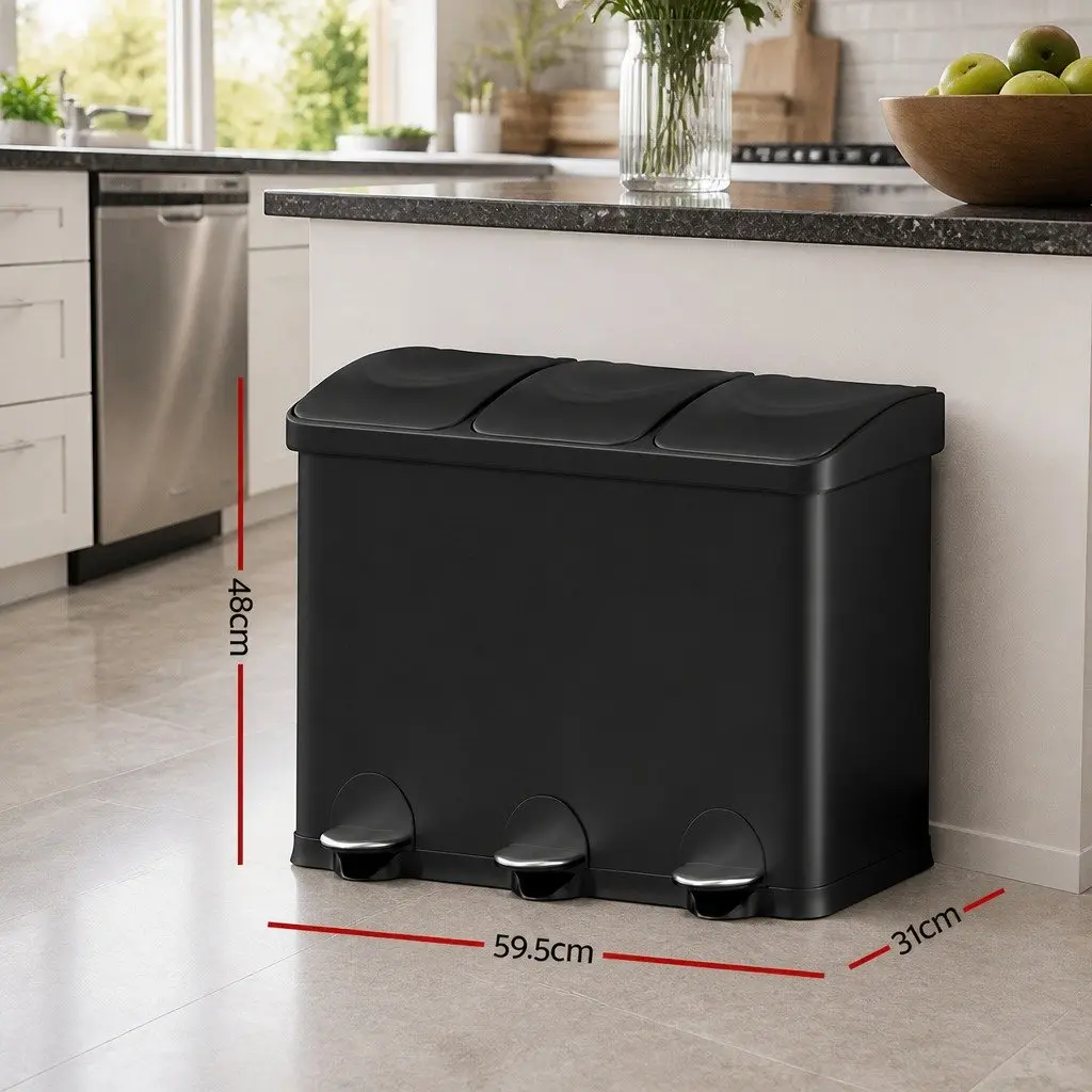 Triple Compartment Pedal Bin Soft Close 45L Black