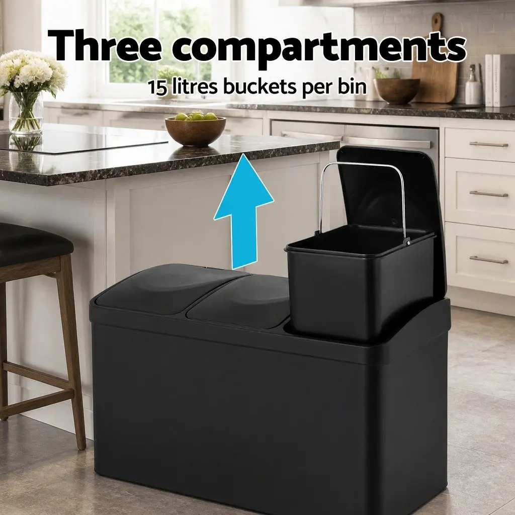 Triple Compartment Pedal Bin Soft Close 45L Black