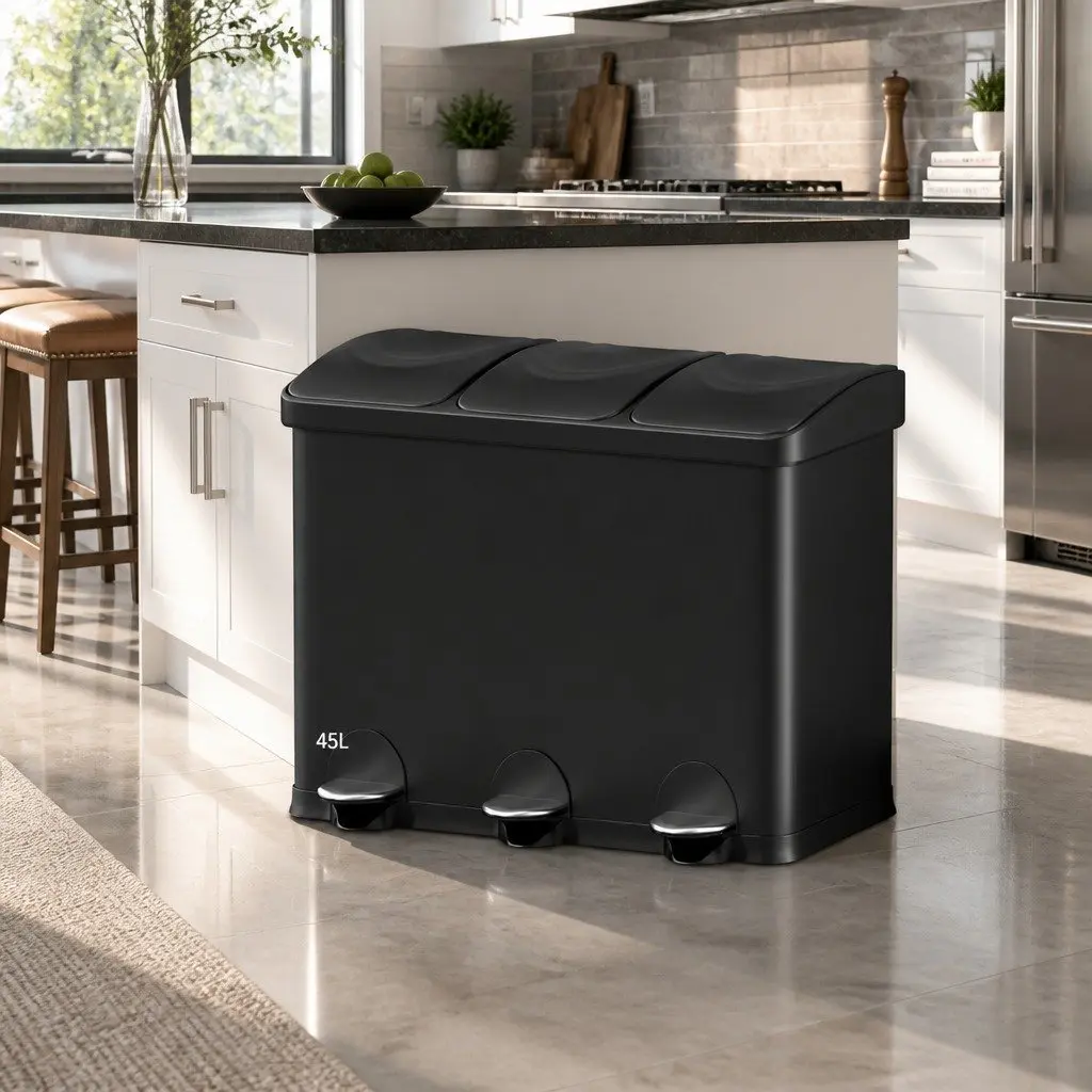 Triple Compartment Pedal Bin Soft Close 45L Black