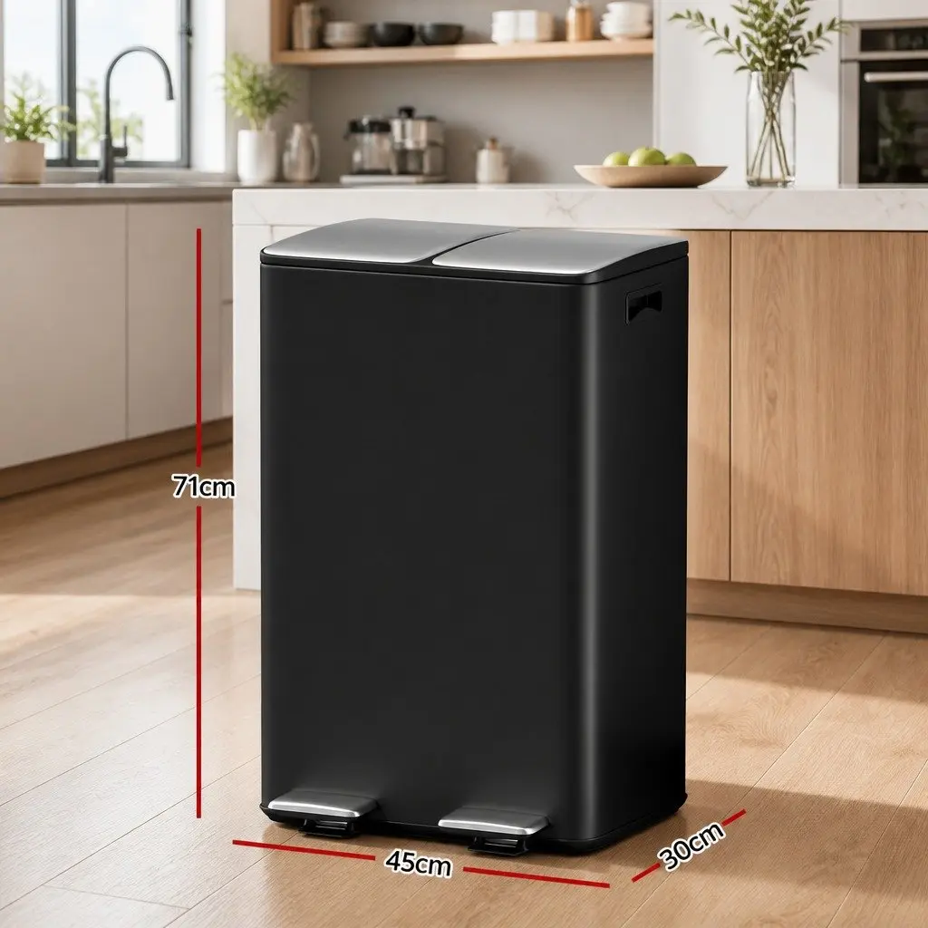 Pedal Bins Dual Compartment Waste Rubbish Dustbin Recycling 60L Black Kitchen