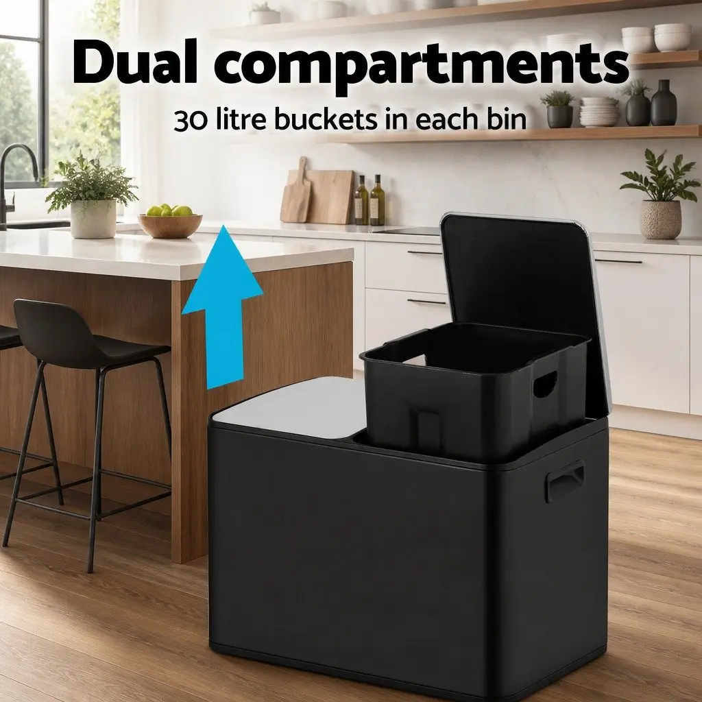 Pedal Bins Dual Compartment Waste Rubbish Dustbin Recycling 60L Black Kitchen