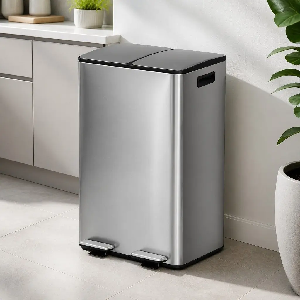 Pedal Bin Dual Compartment Waste Recycle Dustbin 60L Kitchen Home Silver