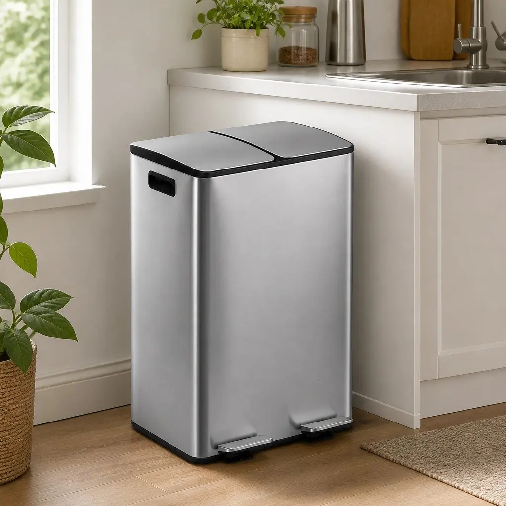 Pedal Bin Dual Compartment Waste Recycle Dustbin 60L Kitchen Home Silver
