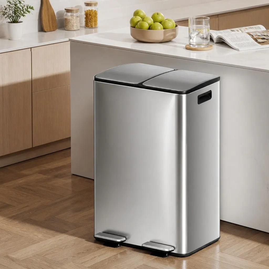 Pedal Bin Dual Compartment Waste Recycle Dustbin 60L Kitchen Home Silver