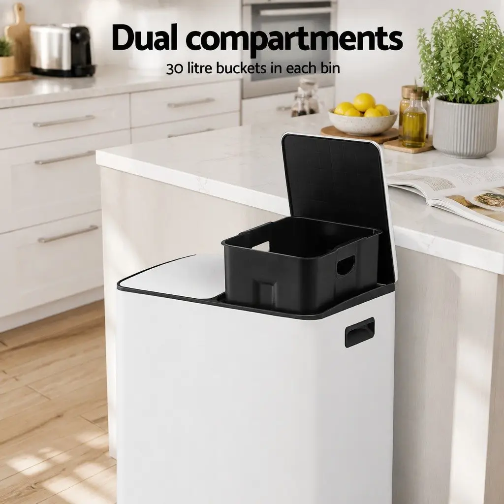 Pedal Bin Dual Compartment Waste Recycle Dustbin 60L White Kitchen Rubbish