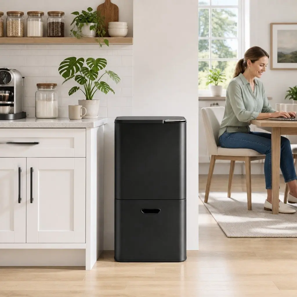 63L Pull Out Rubbish Bin 3 Compartment Split Door Trash Can Kitchen Black