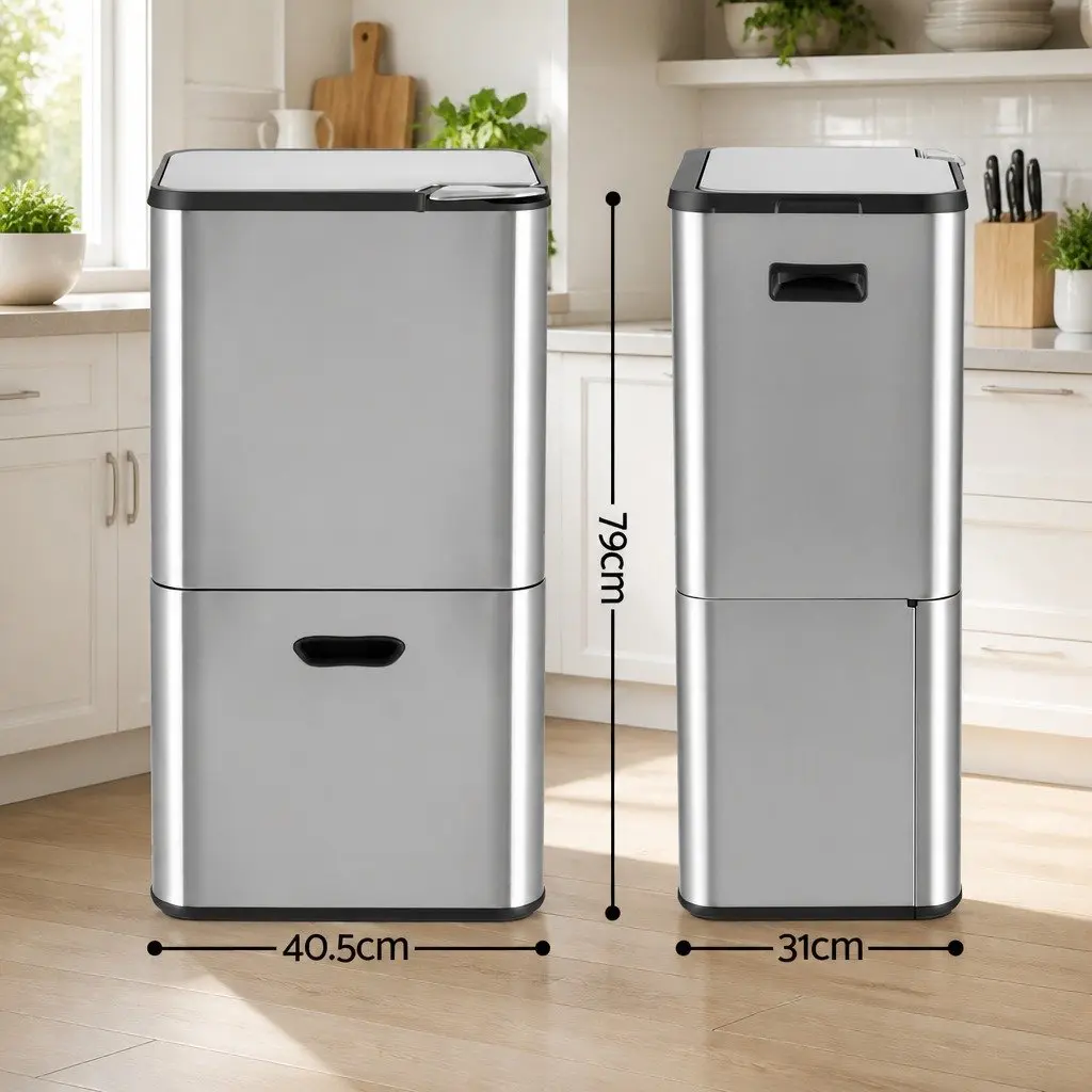Pull Out Rubbish Bin 63L 3 Compartment Stainless Steel Split Door Trash Can