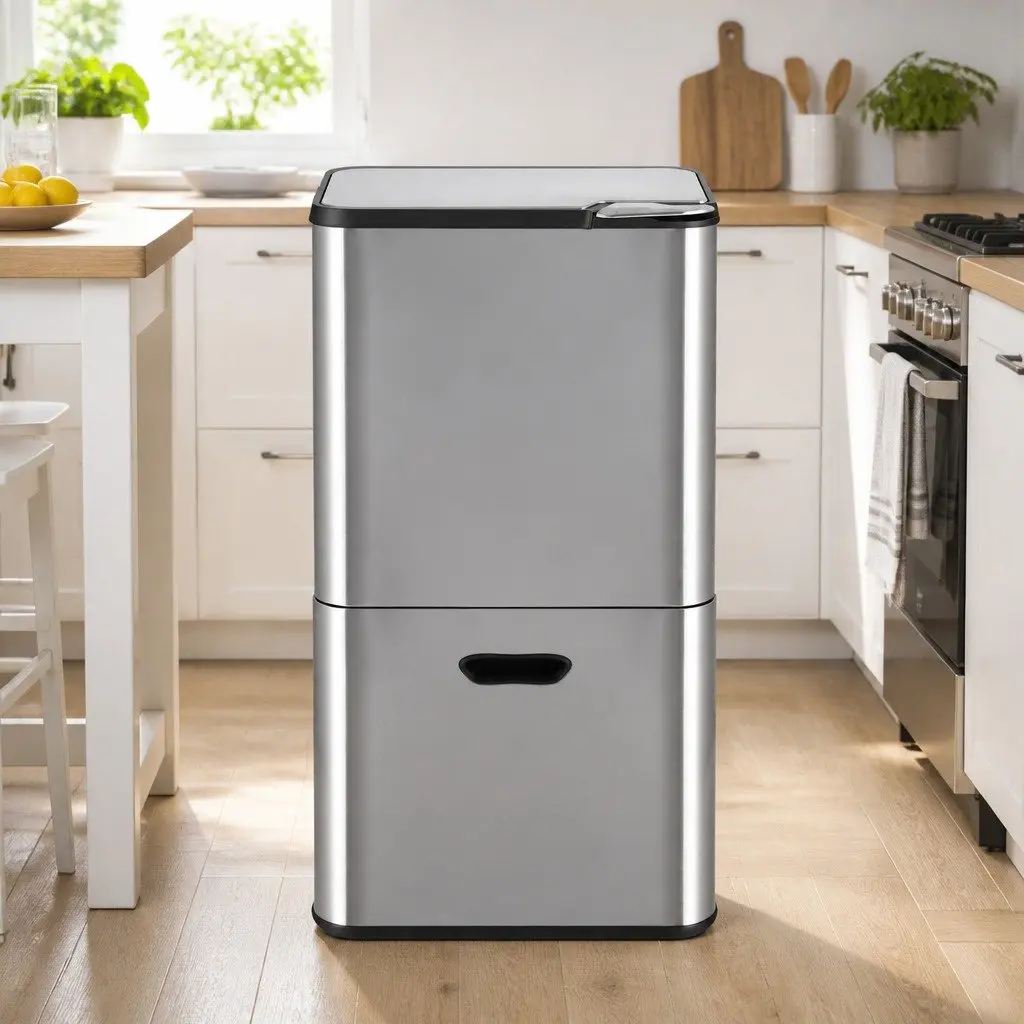 Pull Out Rubbish Bin 63L 3 Compartment Stainless Steel Split Door Trash Can