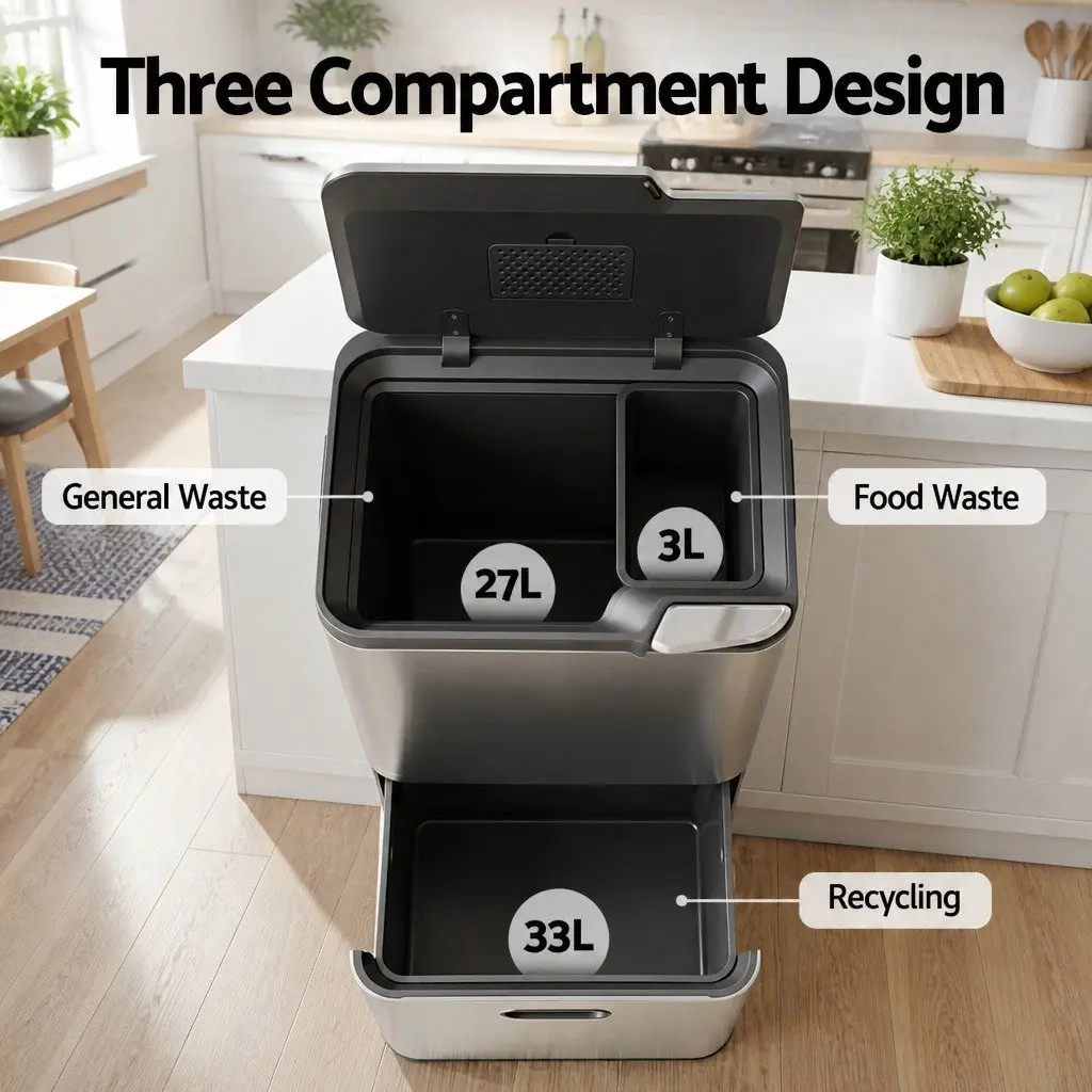 Pull Out Rubbish Bin 63L 3 Compartment Stainless Steel Split Door Trash Can