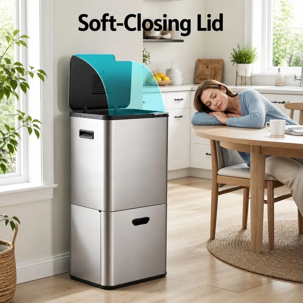 Pull Out Rubbish Bin 63L 3 Compartment Stainless Steel Split Door Trash Can