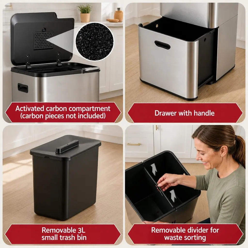 Pull Out Rubbish Bin 63L 3 Compartment Stainless Steel Split Door Trash Can