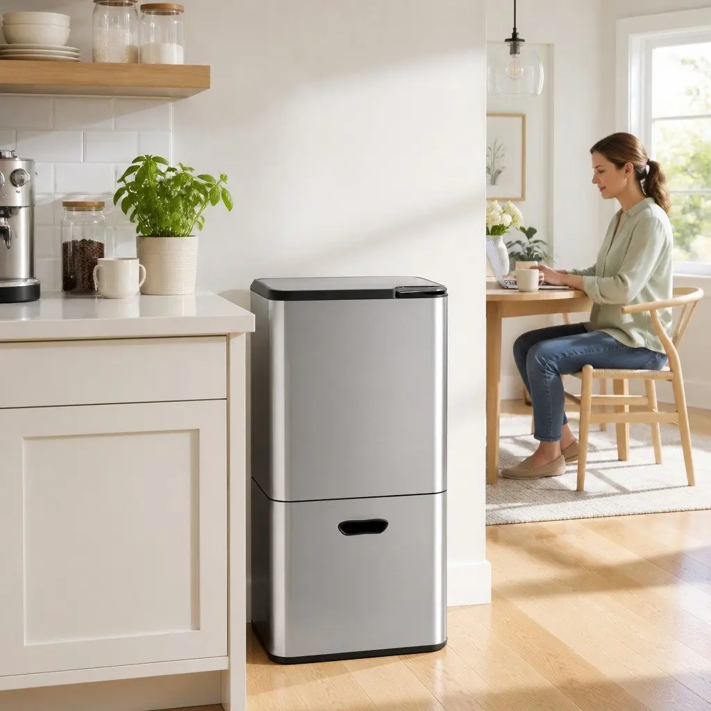Pull Out Rubbish Bin 63L 3 Compartment Stainless Steel Split Door Trash Can